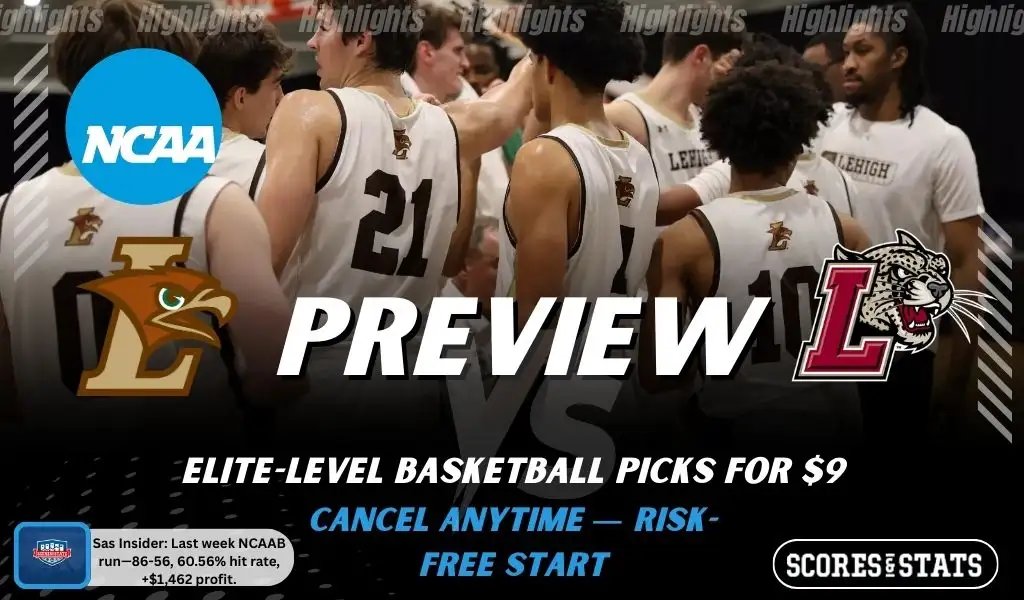 NCAAB preview graphic for Lehigh Mountain Hawks vs Lafayette Leopards with both team logos, a matchup-themed background image, and the ScoresandStats logo.