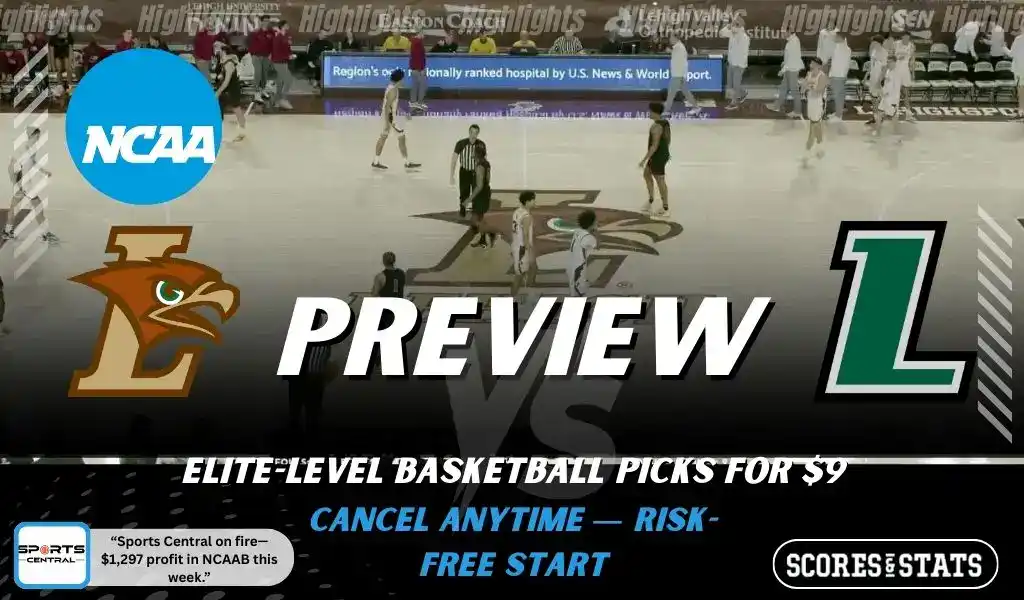 Lehigh Mountain Hawks vs Loyola Maryland Greyhounds preview graphic with both team logos, “Picks and Predictions” label, and Lehigh Mountain Hawks basketball action background (February 4, 2026).