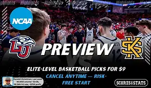 NCAAB preview graphic for Liberty Flames vs Kennesaw State Owls with both team logos, a matchup-themed background image, and the ScoresandStats logo.