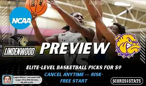 NCAAB picks and predictions preview graphic for Lindenwood Lions vs Western Illinois Leathernecks featuring both team logos, a matchup-themed background image, and the ScoresandStats logo.