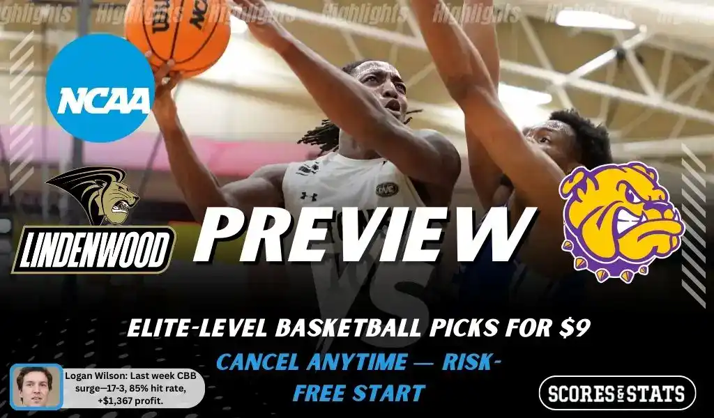 NCAAB picks and predictions preview graphic for Lindenwood Lions vs Western Illinois Leathernecks featuring both team logos, a matchup-themed background image, and the ScoresandStats logo.