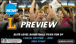 NCAAB picks and predictions preview graphic for Lipscomb Bisons vs Eastern Kentucky Colonels featuring both team logos, a matchup-themed background image, and the ScoresandStats logo.