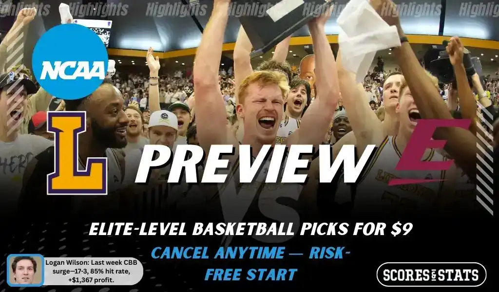 NCAAB picks and predictions preview graphic for Lipscomb Bisons vs Eastern Kentucky Colonels featuring both team logos, a matchup-themed background image, and the ScoresandStats logo.