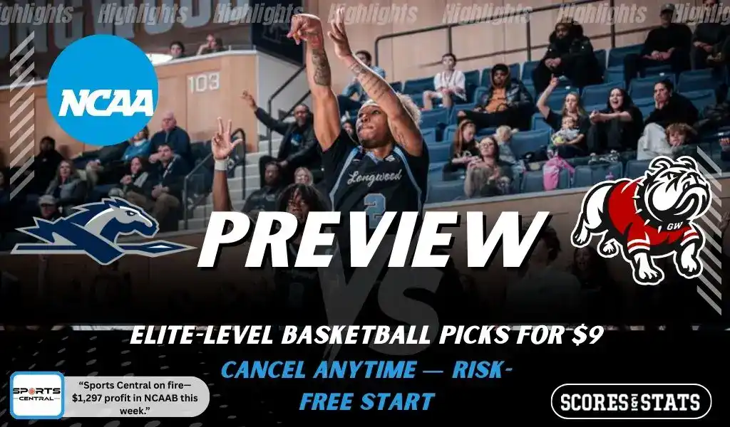Longwood Lancers vs Gardner-Webb Runnin' Bulldogs preview graphic with both team logos, “Picks and Predictions” label, and Longwood Lancers basketball action background (February 4, 2026).