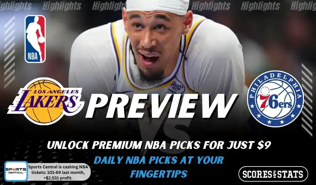 Los Angeles Lakers vs Philadelphia 76ers picks and predictions preview graphic for February 5, 2026, featuring both team logos, a “Preview” stats label, and Los Angeles Lakers game action in the background.