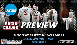 NCAAB preview graphic for Louisiana-Lafayette Ragin' Cajuns vs Troy Trojans with both team logos, a matchup-themed background image, and the ScoresandStats logo.