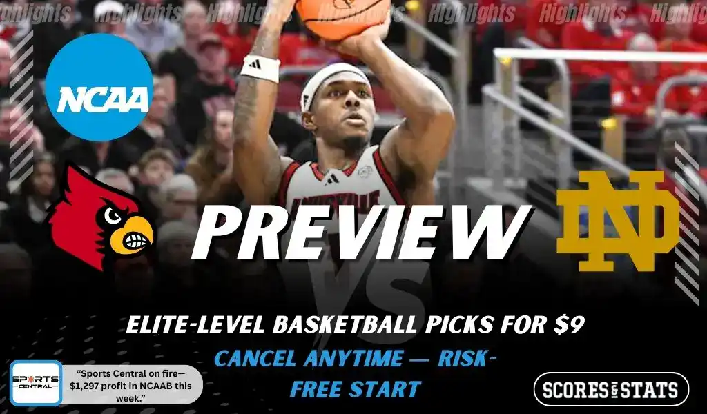 Louisville Cardinals vs Notre Dame Fighting Irish preview graphic with both team logos, “Picks and Predictions” label, and Louisville Cardinals basketball action background (February 4, 2026).