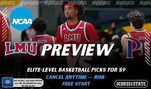 NCAAB preview graphic for Loyola Marymount Lions vs Pepperdine Waves with both team logos, a matchup-themed background image, and the ScoresandStats logo.