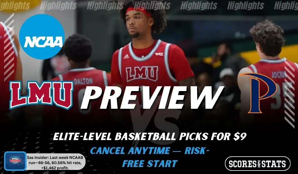 NCAAB preview graphic for Loyola Marymount Lions vs Pepperdine Waves with both team logos, a matchup-themed background image, and the ScoresandStats logo.