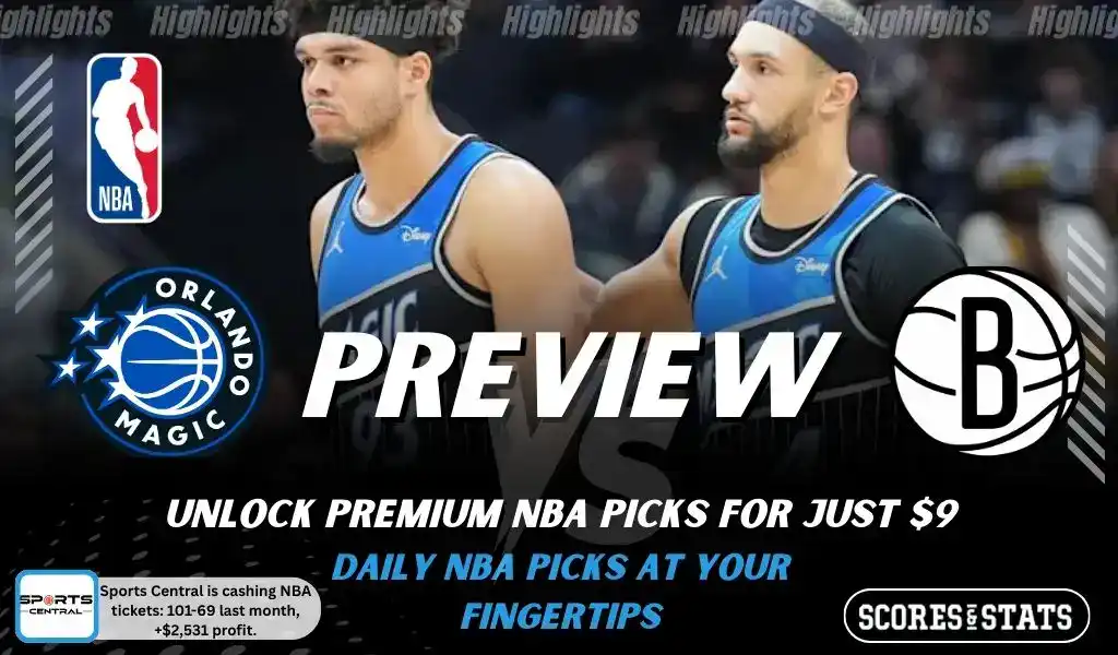Orlando Magic vs Brooklyn Nets picks and predictions preview graphic for February 5, 2026, featuring both team logos, a “Preview” stats label, and Orlando Magic game action in the background.
