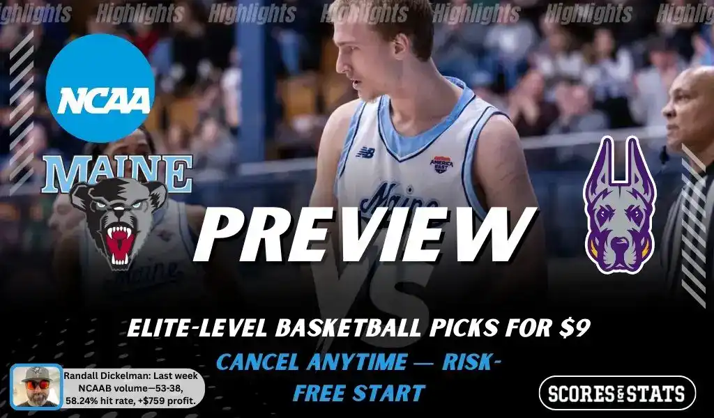 NCAAB picks and predictions preview graphic for Maine Black Bears vs Albany Great Danes featuring both team logos, a matchup-themed background image, and the ScoresandStats logo.