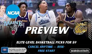 Maine Black Bears vs Bryant Bulldogs picks and predictions preview graphic for February 7, 2026, featuring both team logos, a “Preview” stats label, and Maine Black Bears basketball action in the background.