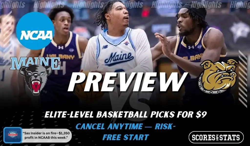 Maine Black Bears vs Bryant Bulldogs picks and predictions preview graphic for February 7, 2026, featuring both team logos, a “Preview” stats label, and Maine Black Bears basketball action in the background.