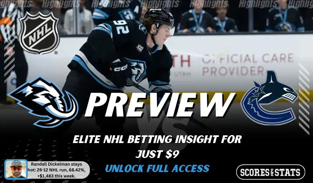 Utah Mammoth vs Vancouver Canucks preview graphic with both team logos, “Picks and Predictions” label, and Utah Mammoth hockey action background (February 2, 2026).