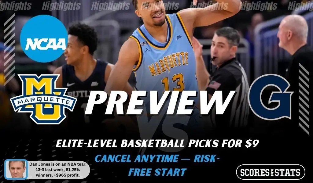 NCAAB preview graphic for Marquette Golden Eagles vs Georgetown Hoyas with both team logos, a matchup-themed background image, and the ScoresandStats logo.