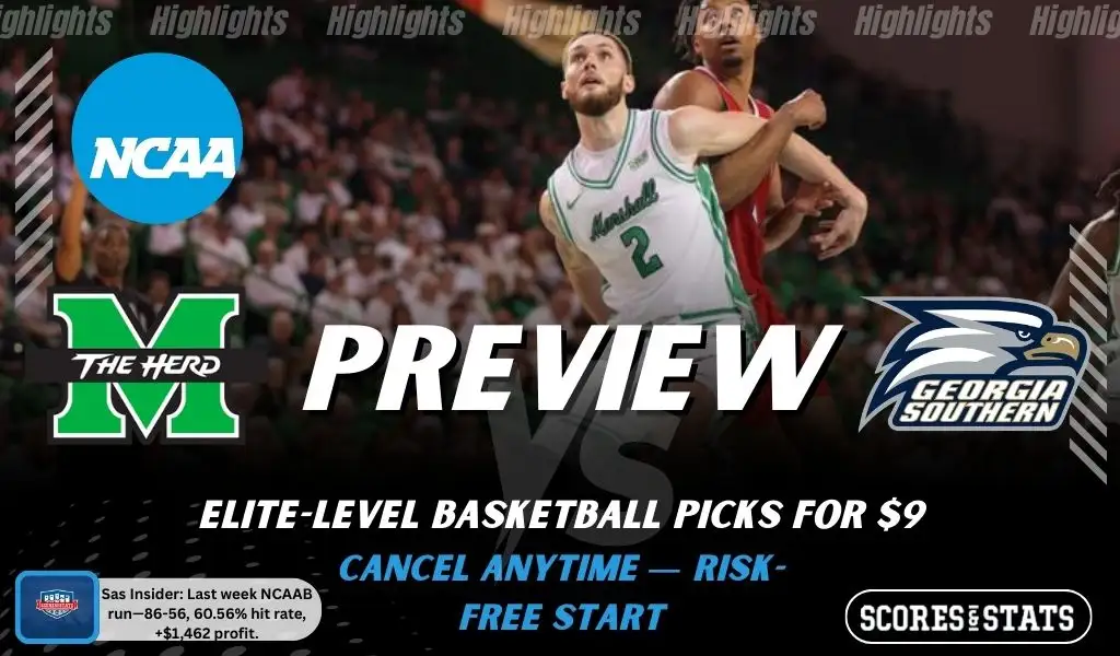 Marshall Thundering Herd vs. Georgia Southern Eagles game preview graphic featuring both team logos, a “Preview” stats logo, and a Marshall Thundering Herd college basketball action photo in the background.