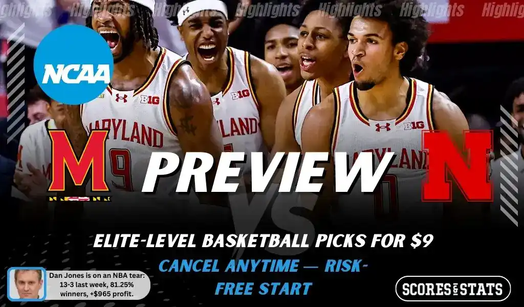 NCAAB preview graphic for Maryland Terrapins vs Nebraska Cornhuskers with both team logos, a matchup-themed background image, and the ScoresandStats logo.
