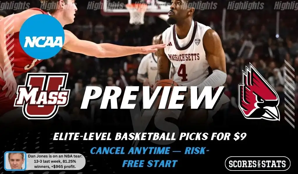NCAAB preview graphic for Massachusetts Minutemen vs Ball State Cardinals with both team logos, a matchup-themed background image, and the ScoresandStats logo.