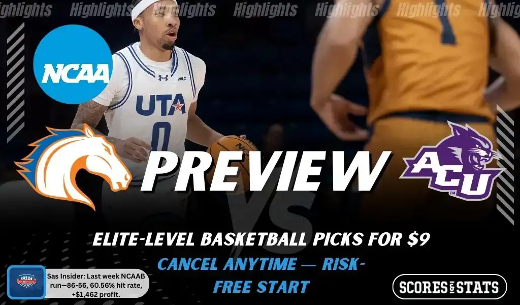 UT Arlington Mavericks vs. Abilene Christian Wildcats game preview graphic featuring both team logos, a UT Arlington basketball action background, and a ScoresAndStats “Preview” stats badge (February 12, 2026).