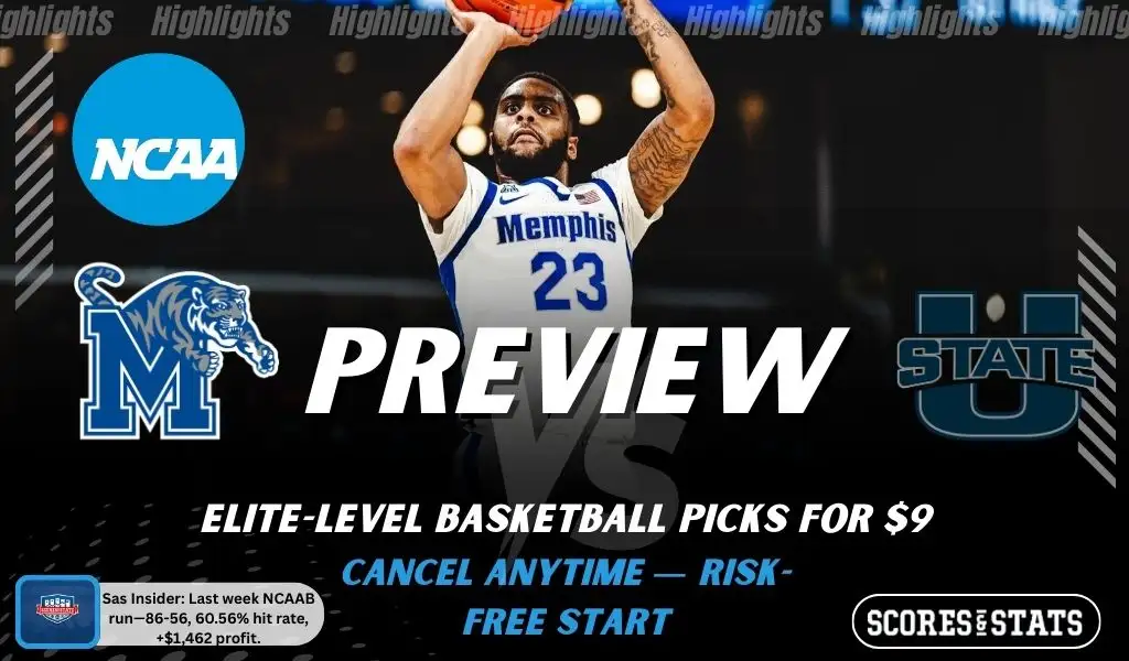 Memphis Tigers vs Utah State Aggies game preview image with both team logos, ScoresAndStats “Preview” branding, and Memphis basketball action background.