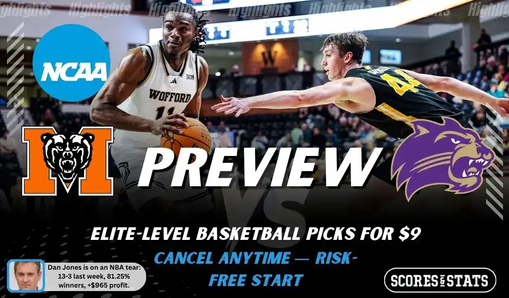 NCAAB preview graphic for Mercer Bears vs Western Carolina Catamounts with both team logos, a matchup-themed background image, and the ScoresandStats logo.