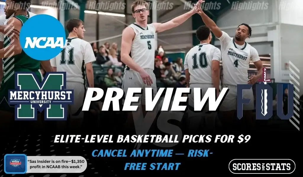 Mercyhurst Lakers vs Fairleigh Dickinson Knights picks and predictions preview graphic for February 7, 2026, featuring both team logos, a “Preview” stats label, and Mercyhurst basketball action in the background.