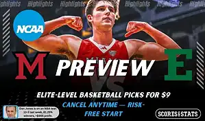 NCAAB preview graphic for Miami (OH) RedHawks vs Eastern Michigan Eagles with both team logos, a matchup-themed background image, and the ScoresandStats logo.
