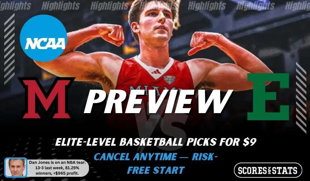 NCAAB preview graphic for Miami (OH) RedHawks vs Eastern Michigan Eagles with both team logos, a matchup-themed background image, and the ScoresandStats logo.