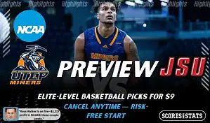 UTEP Miners vs. Jacksonville State Gamecocks game preview graphic featuring both team logos, a UTEP basketball action background, and a ScoresAndStats “Preview” stats badge (February 11, 2026).