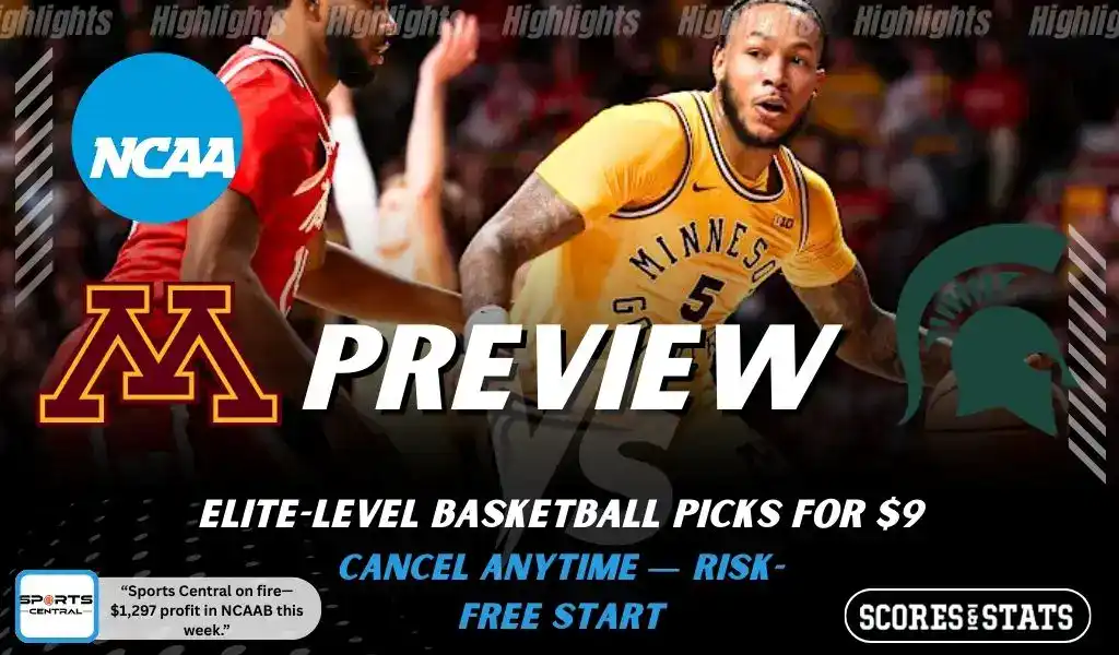 Minnesota Golden Gophers vs Michigan State Spartans preview graphic with both team logos, “Picks and Predictions” label, and Minnesota Golden Gophers basketball action background (February 4, 2026).
