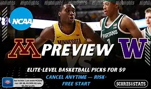 Minnesota Golden Gophers vs. Washington Huskies game preview graphic featuring both team logos, a “Preview” stats logo, and a Minnesota Golden Gophers college basketball action photo in the background.
