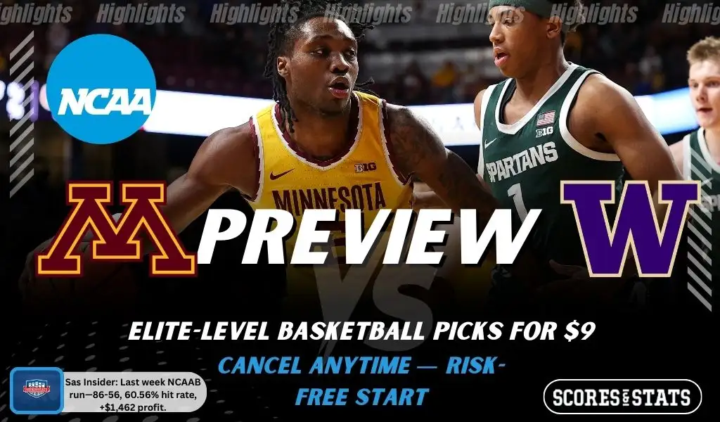 Minnesota Golden Gophers vs. Washington Huskies game preview graphic featuring both team logos, a “Preview” stats logo, and a Minnesota Golden Gophers college basketball action photo in the background.