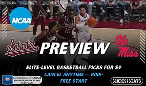 Mississippi State Bulldogs vs Ole Miss Rebels game preview image with both team logos, ScoresAndStats “Preview” branding, and Mississippi State basketball action background.