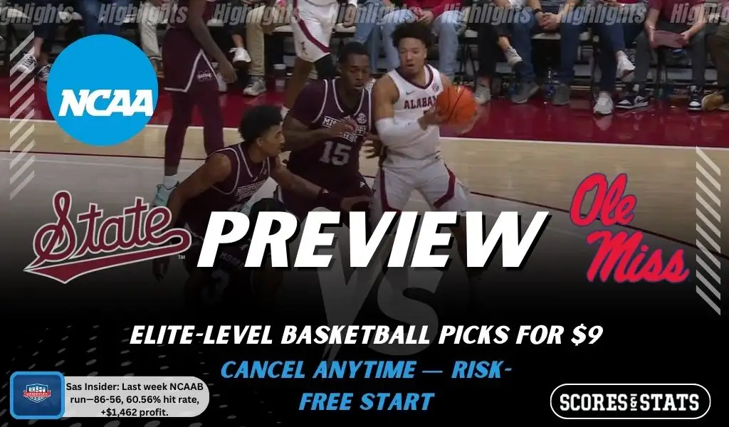 Mississippi State Bulldogs vs Ole Miss Rebels game preview image with both team logos, ScoresAndStats “Preview” branding, and Mississippi State basketball action background.