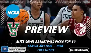 NCAAB preview graphic for Mississippi Valley State Delta Devils vs Alabama A&M Bulldogs with both team logos, a matchup-themed background image, and the ScoresandStats logo.