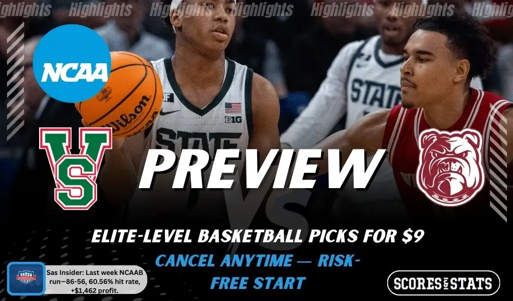 NCAAB preview graphic for Mississippi Valley State Delta Devils vs Alabama A&M Bulldogs with both team logos, a matchup-themed background image, and the ScoresandStats logo.