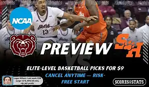NCAAB picks and predictions preview graphic for Missouri State Bears vs Sam Houston Bearkats featuring both team logos, a matchup-themed background image, and the ScoresandStats logo.