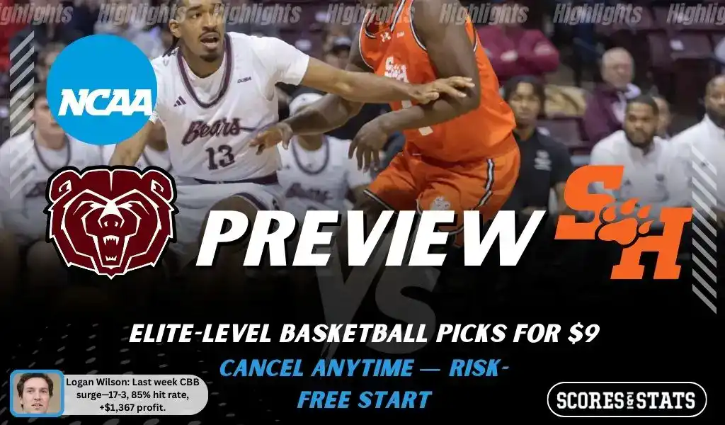NCAAB picks and predictions preview graphic for Missouri State Bears vs Sam Houston Bearkats featuring both team logos, a matchup-themed background image, and the ScoresandStats logo.
