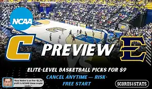 Chattanooga Mocs vs. East Tennessee State Buccaneers game preview graphic featuring both team logos, a Chattanooga basketball action background, and a ScoresAndStats “Preview” stats badge (February 11, 2026).