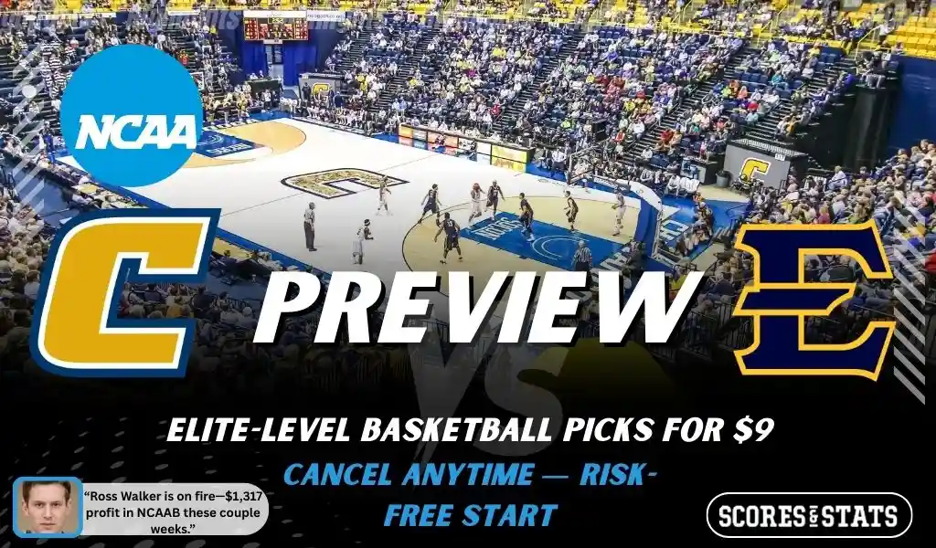 Chattanooga Mocs vs. East Tennessee State Buccaneers game preview graphic featuring both team logos, a Chattanooga basketball action background, and a ScoresAndStats “Preview” stats badge (February 11, 2026).