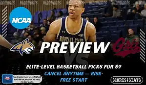 Montana State Bobcats vs. Montana Grizzlies game preview graphic featuring both team logos, a “Preview” stats logo, and a Montana State Bobcats college basketball action photo in the background.