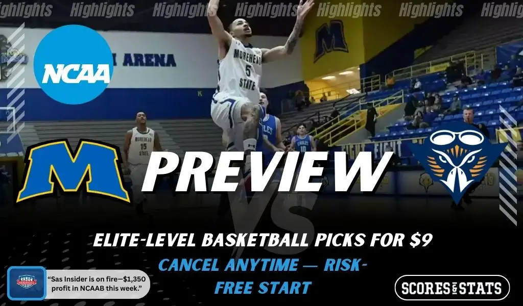 Morehead State Eagles vs UT Martin Skyhawks picks and predictions preview graphic for February 7, 2026, featuring both team logos, a “Preview” stats label, and Morehead State basketball action in the background.