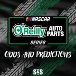 Logo for O'Reilly Auto Parts NASCAR Series with the text "Odds and Predictions" overlaying a tire tread background.