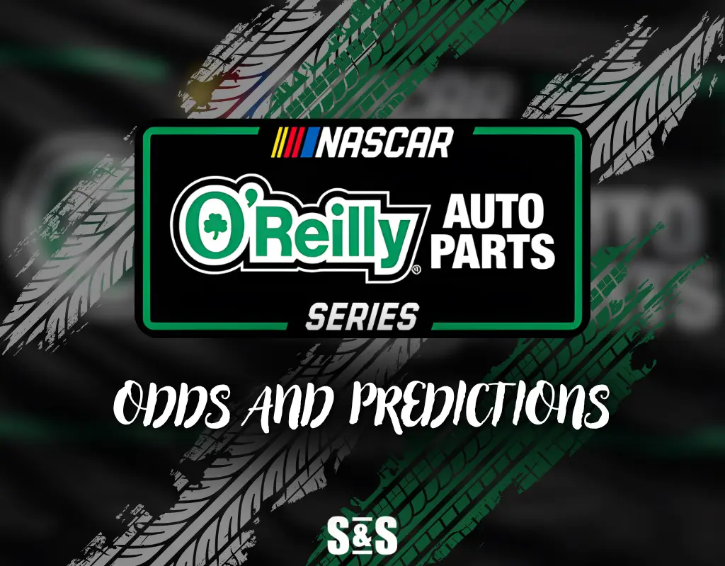 Logo for O'Reilly Auto Parts NASCAR Series with the text "Odds and Predictions" overlaying a tire tread background.