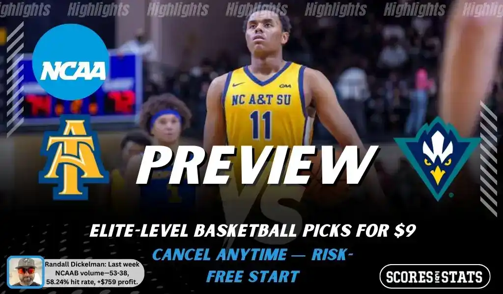 NCAAB preview graphic for North Carolina A&T Aggies vs UNCW Seahawks with both team logos, a matchup-themed background image, and the ScoresandStats logo.