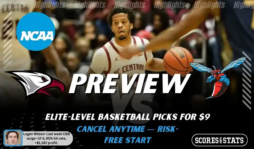 NCAAB picks and predictions preview graphic for North Carolina Central Eagles vs Delaware State Hornets featuring both team logos, a matchup-themed background image, and the ScoresandStats logo.
