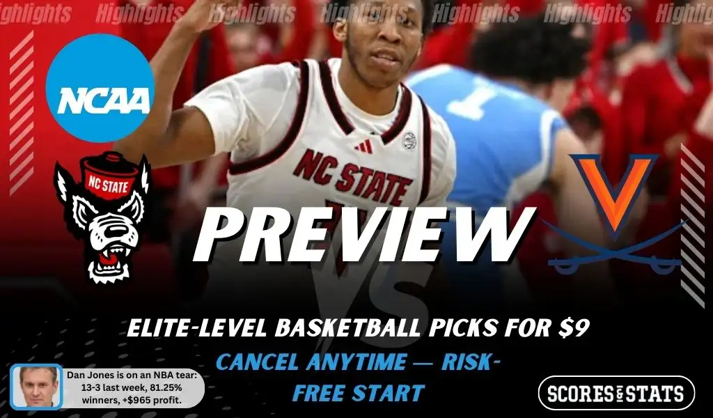 NCAAB preview graphic for North Carolina State Wolfpack vs Virginia Cavaliers with both team logos, a matchup-themed background image, and the ScoresandStats logo.