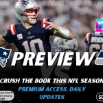 New England Patriots vs Seattle Seahawks picks and predictions preview graphic for February 8, 2026, featuring both team logos, a “PREVIEW” label, Scores & Stats branding, and New England Patriots game action in the background.