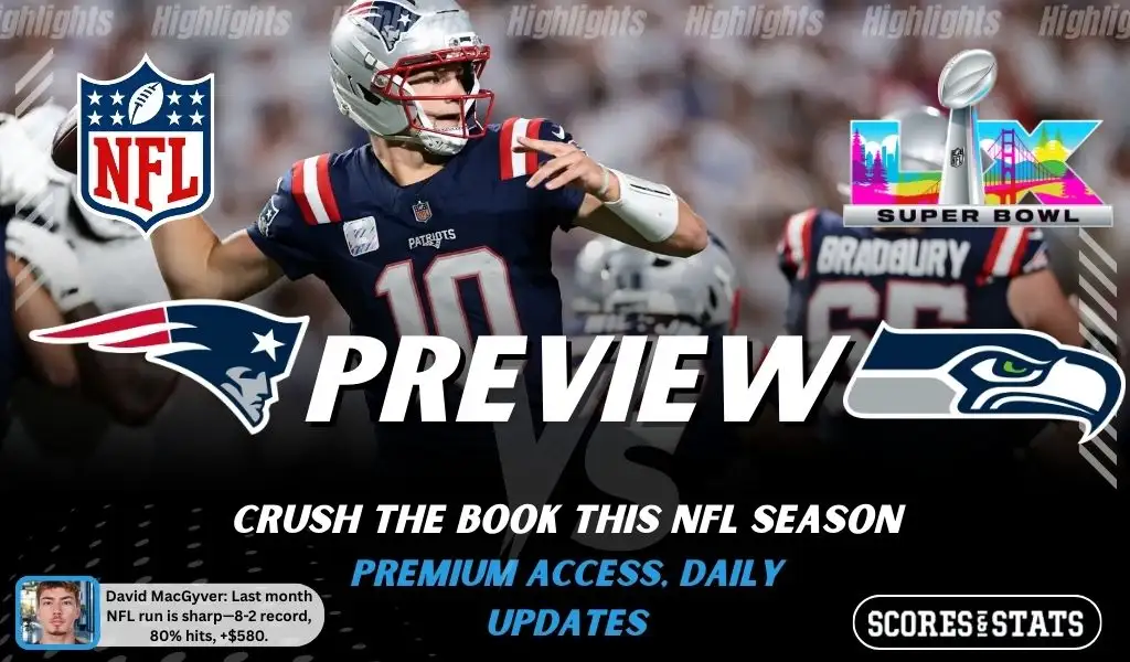 New England Patriots vs Seattle Seahawks picks and predictions preview graphic for February 8, 2026, featuring both team logos, a “PREVIEW” label, Scores & Stats branding, and New England Patriots game action in the background.