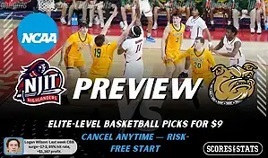 NCAAB picks and predictions preview graphic for NJIT Highlanders vs Bryant Bulldogs featuring both team logos, a matchup-themed background image, and the ScoresandStats logo.